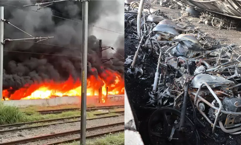 തൃശൂർ റെയിൽവേ സ്റ്റേഷൻ പാർക്കിങ്ങിൽ വൻ തീപിടിത്തം; നിരവധി ബൈക്കുകൾ കത്തി നശിച്ചു